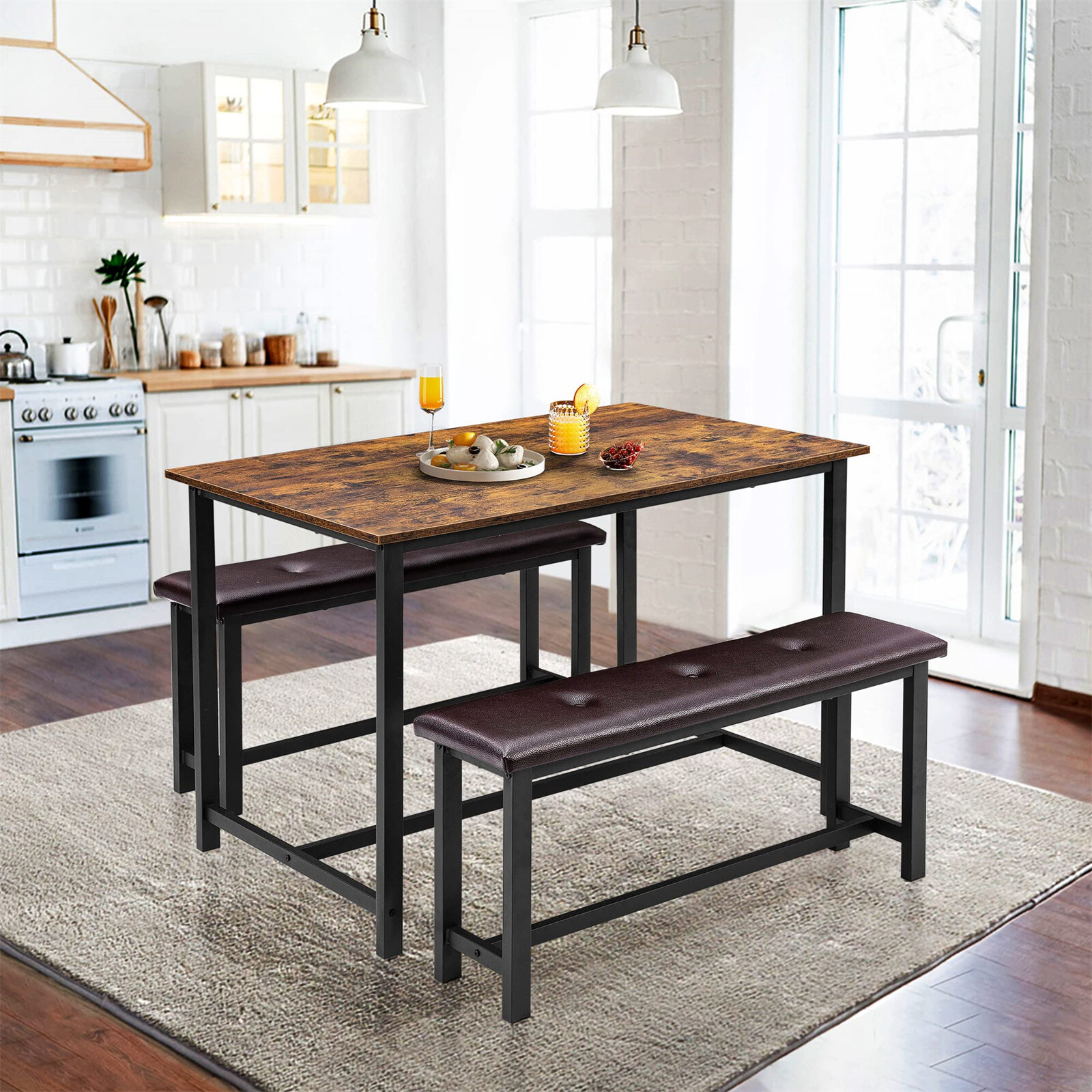 4pack Dining Table Set Kitchen Table with 2 Upholstered Benches for Apartment