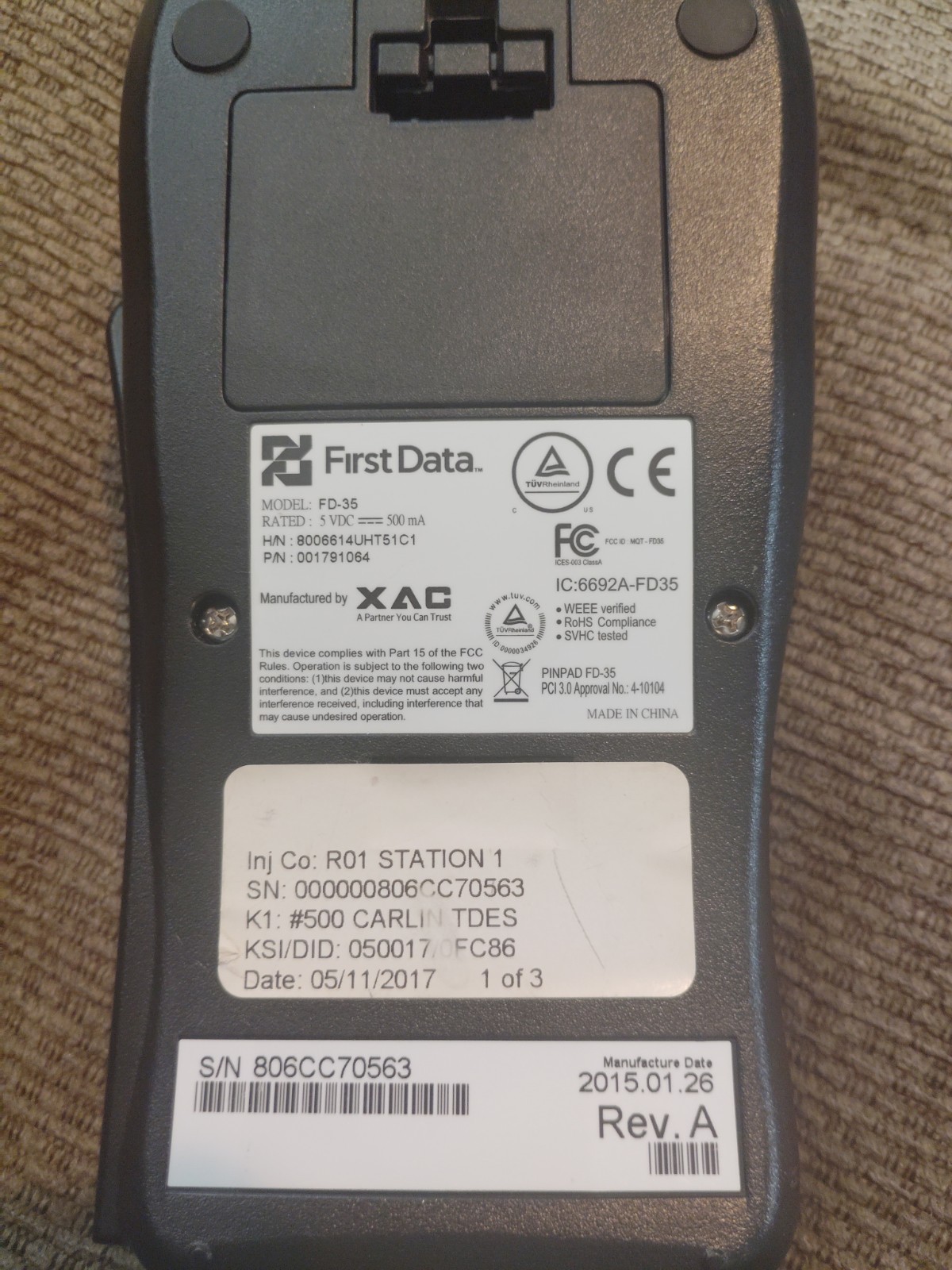 First Data FD-35 Pin Pad Credit Card Reader( Powers On Untested)