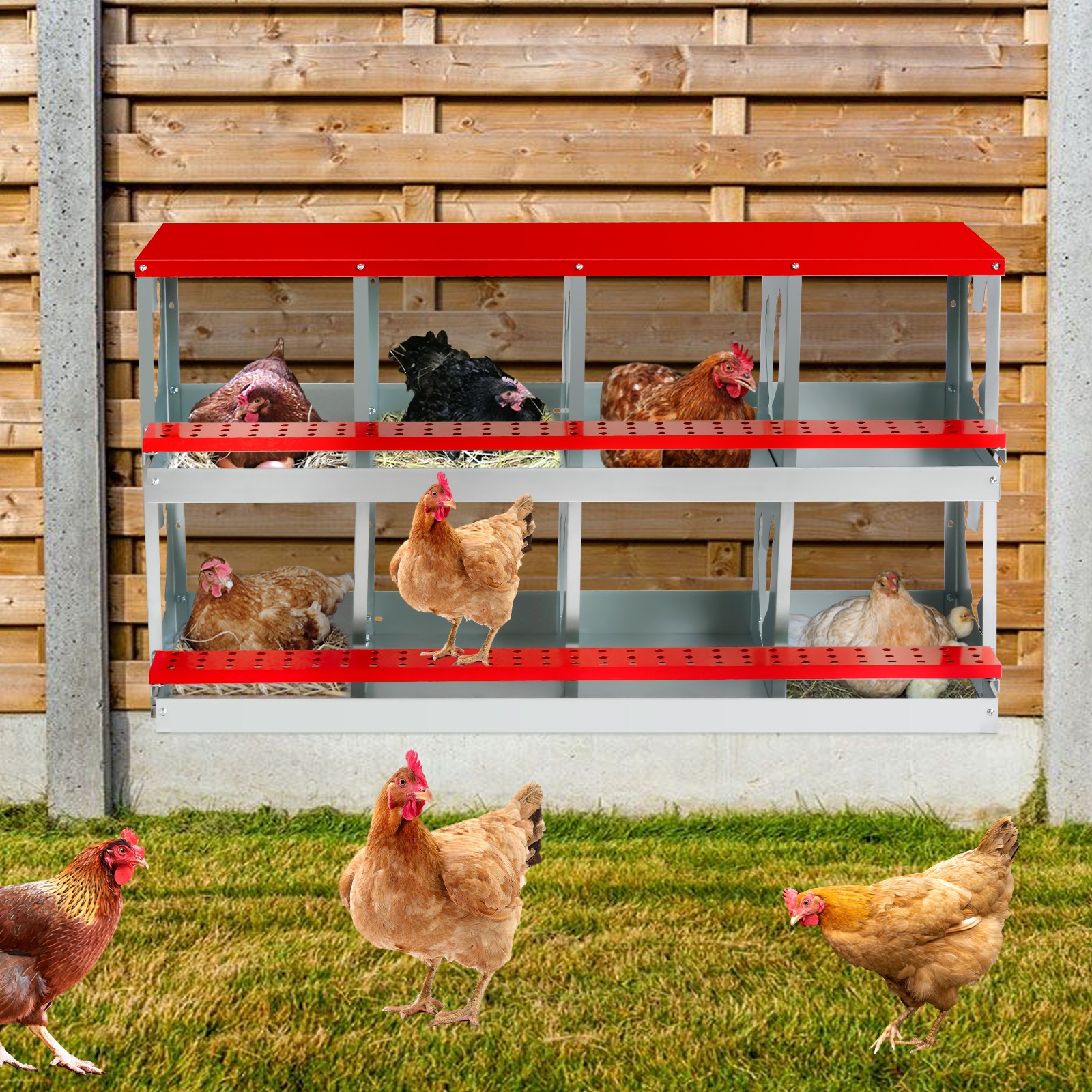 Chicken Nesting Box for Laying Eggs,Wall-Mountable Chicken Coop (RED,10 HLOES)