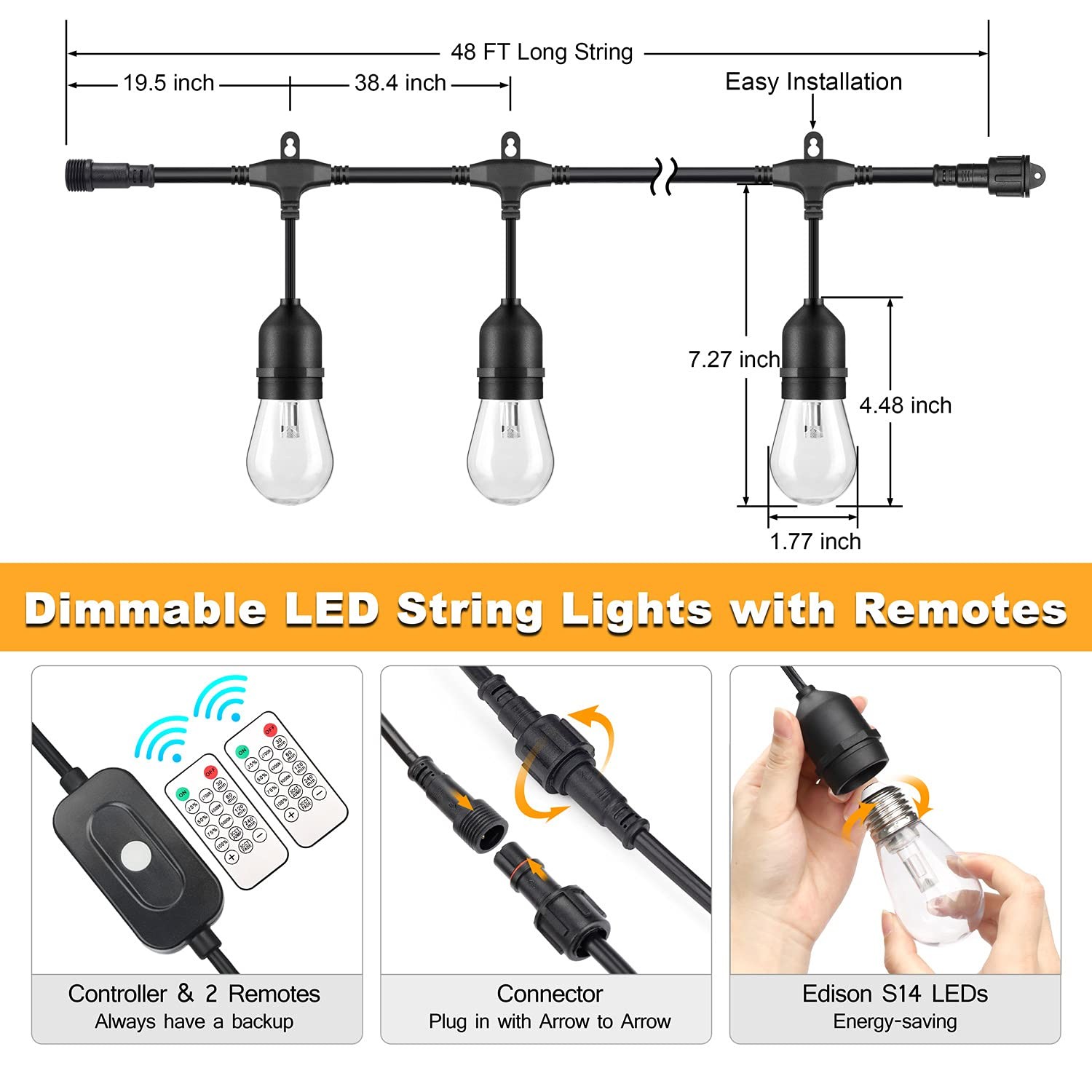 3 Color Outdoor LED Dimmable String Lights for Patio with Remote, Plug in 48FT