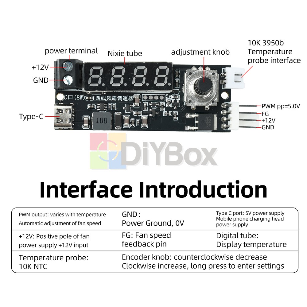 5V 12V 5A 4-Wire PWM Fan Speed Control Module Smart Temperature Control +Display