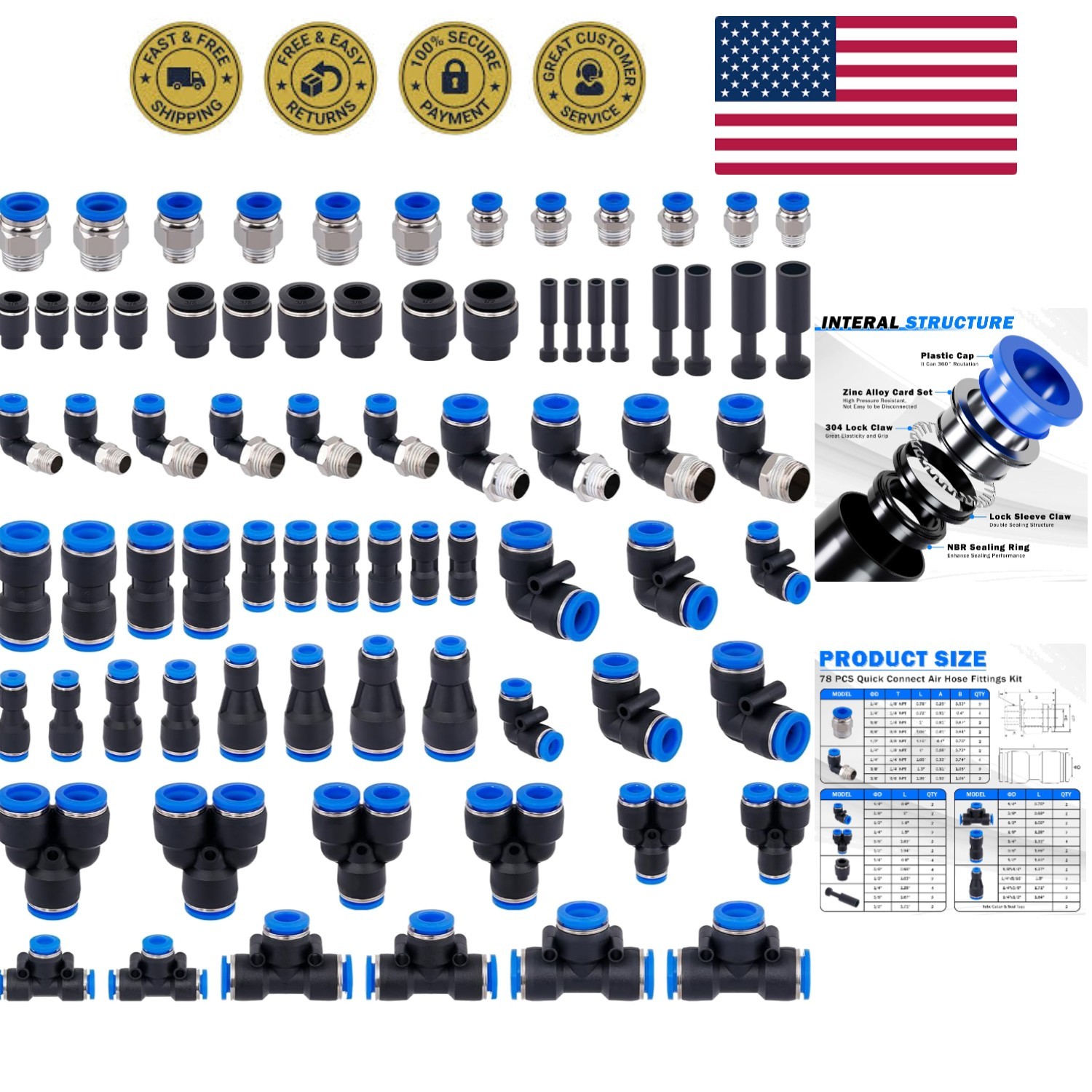 78 PCS Air Line Quick Connect Fittings 1/8" 1/4" 5/16" 3/8" 1/2" Quick Connec...