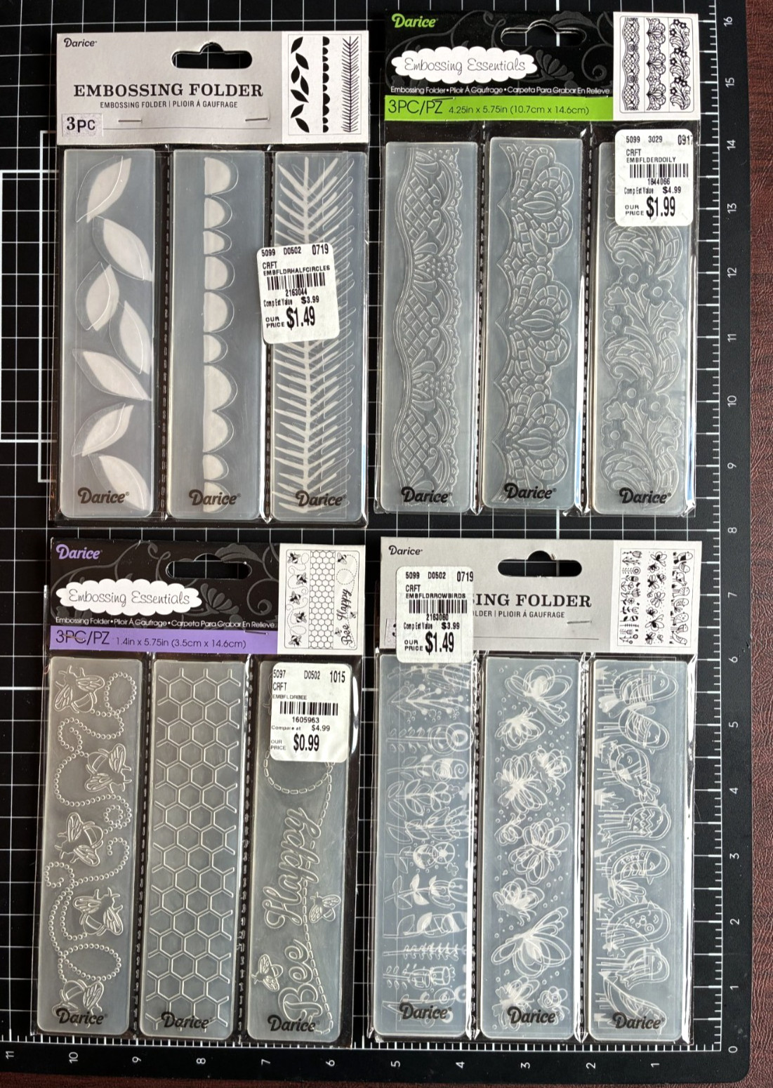 Darice Embossing Folder 3 Piece Set BORDER BEE THEME, DOILY or VERTICAL LEAVES