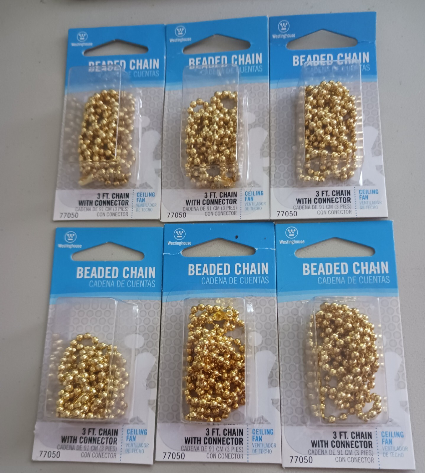 Pull Chain 36" Polished Brass beaded w/connector #77050. NEW. (6 pks) Ships Free