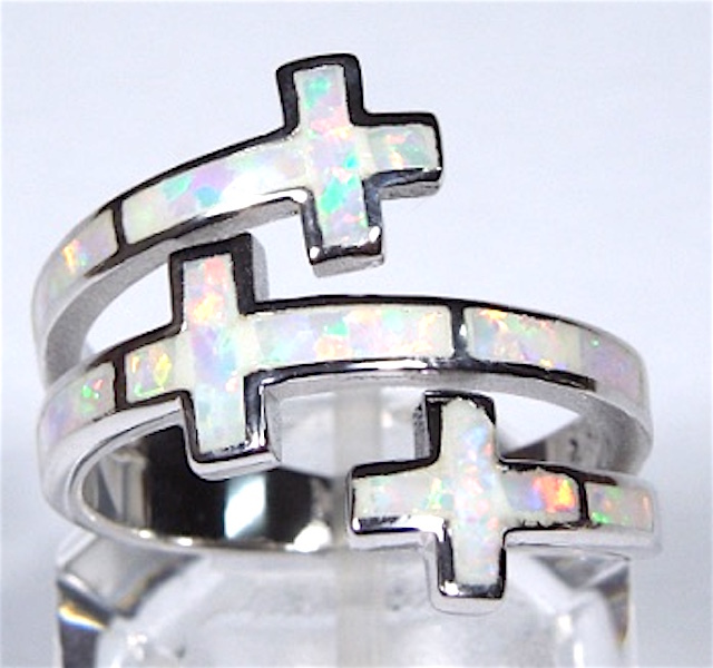 Blue or White Fire Opal Solid 925 Sterling Silver Cross Ring Size 6,7,8,9,10