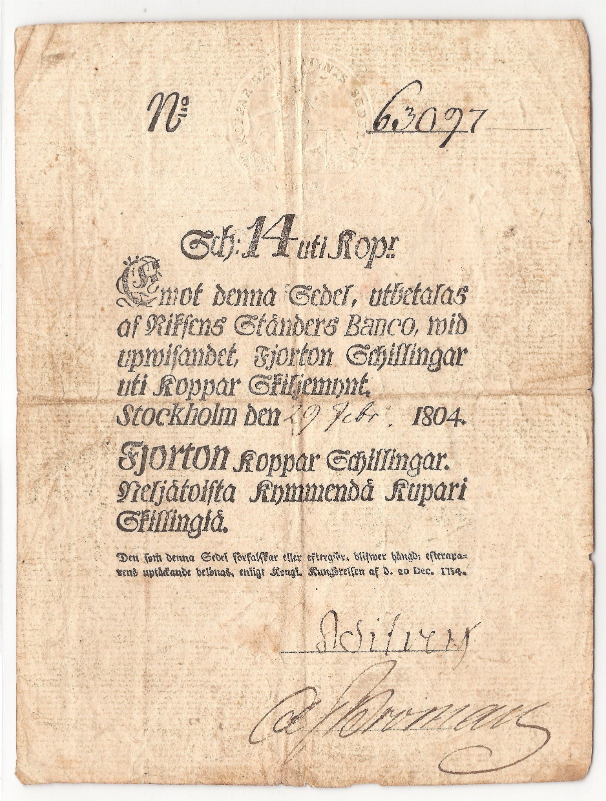 SWEDEN  14 Koppar Schillingar  1804  P:A97  VG  Riksens Standers Wexel-Banco