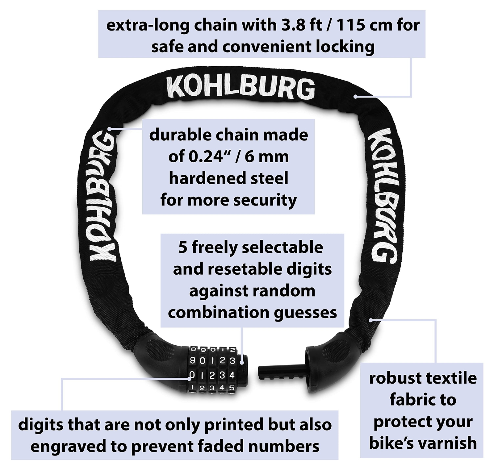Extra Long Bicycle Combination Lock - 3.8 ft Chain & 0.24” Strong Number C