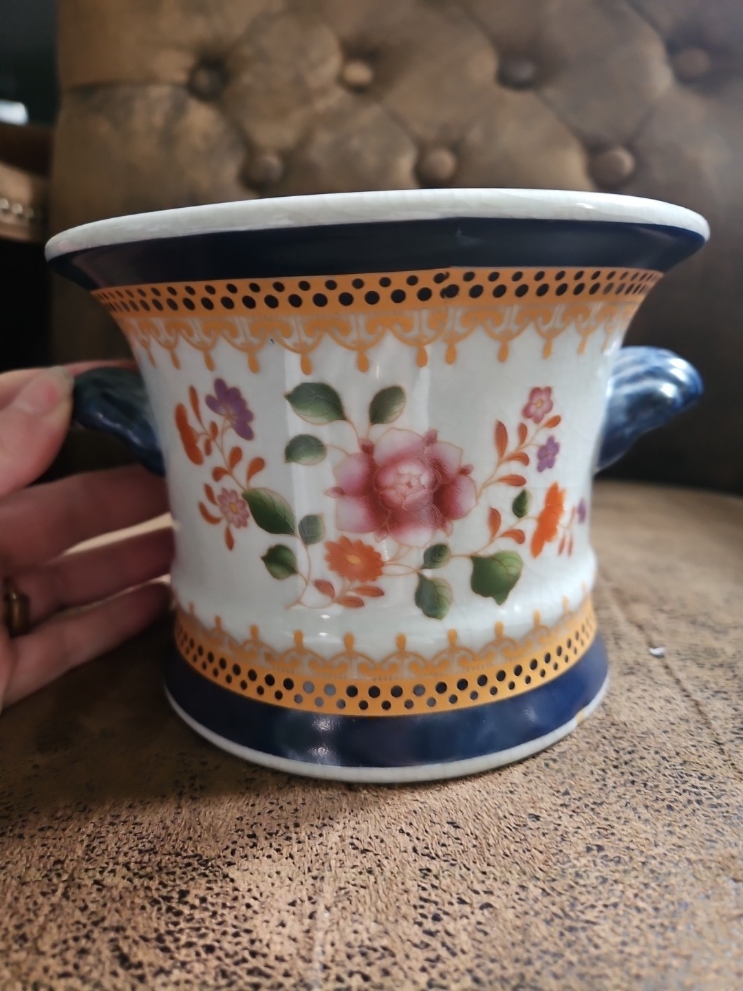 Decorative Cachepot Floral Planter With Handles Lots Of Crazing