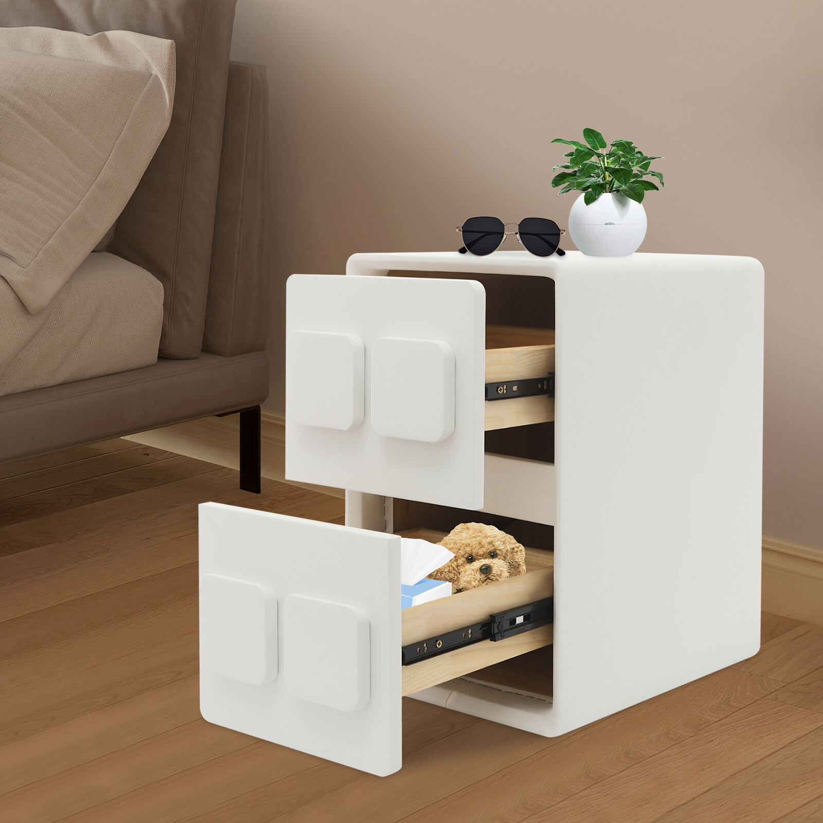 Bedside Table, White Bedside Table W/ 2 Drawers For Study, Bedroom, Living Room