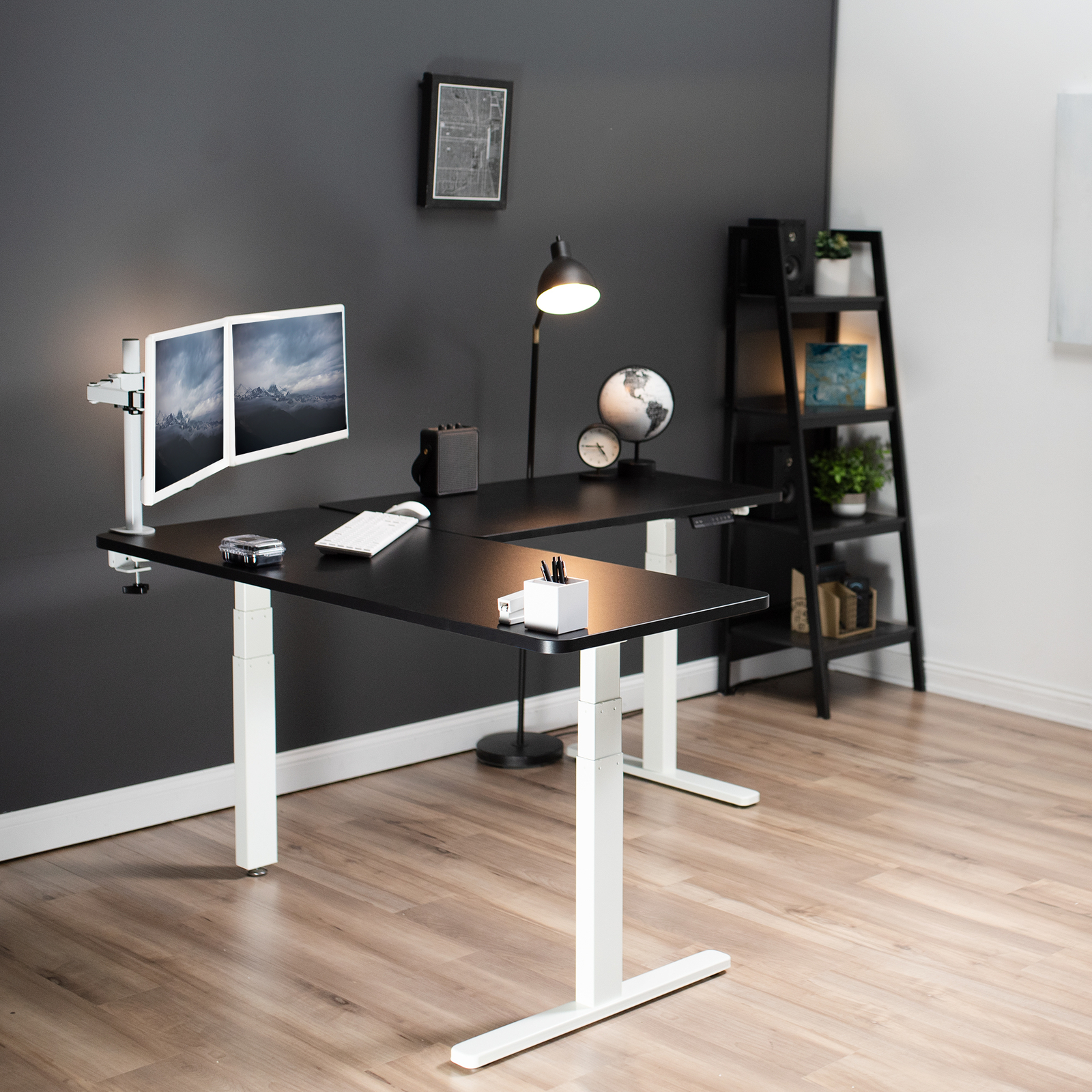 VIVO Electric Stand Up Corner Desk, Black Table Tops, White Frame