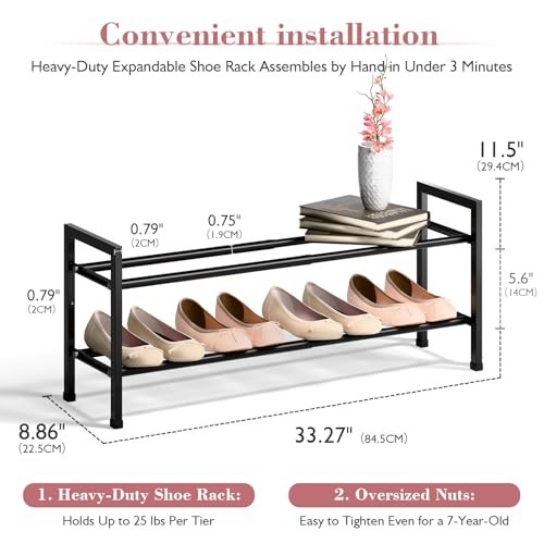 2 Tier Expandable Shoe Rack for Closet, 18“-33” Adjustable Shoe 2-Tier Black