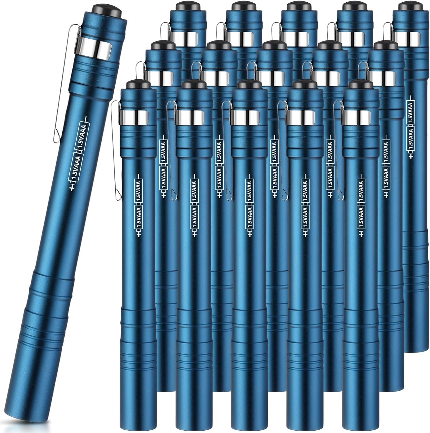 15 Pack Mini Pen Flashlights Bulk LED Lights Aluminum Pocket Blue