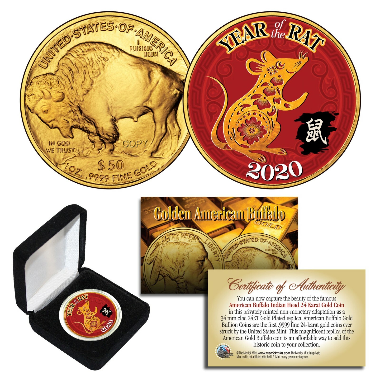 2020 Chinese YEAR OF THE RAT 24K Gold Clad $50 American Buffalo Tribute Coin BOX