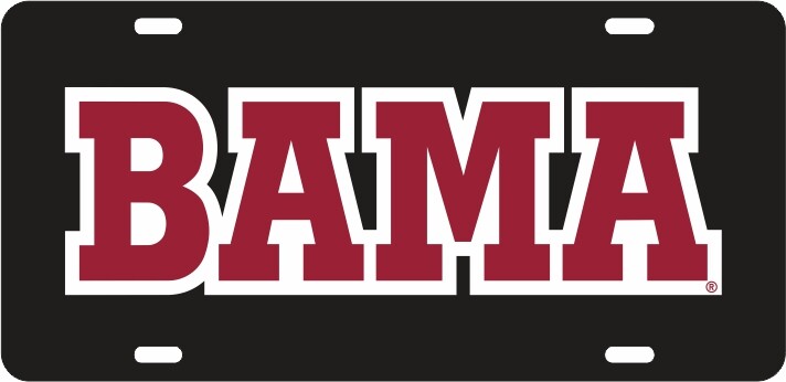 ALABAMA CRIMSON TIDE ACRYLIC CAR TAG BLACK W/ RED BAMA WHITE REFLECTIVE DECAL