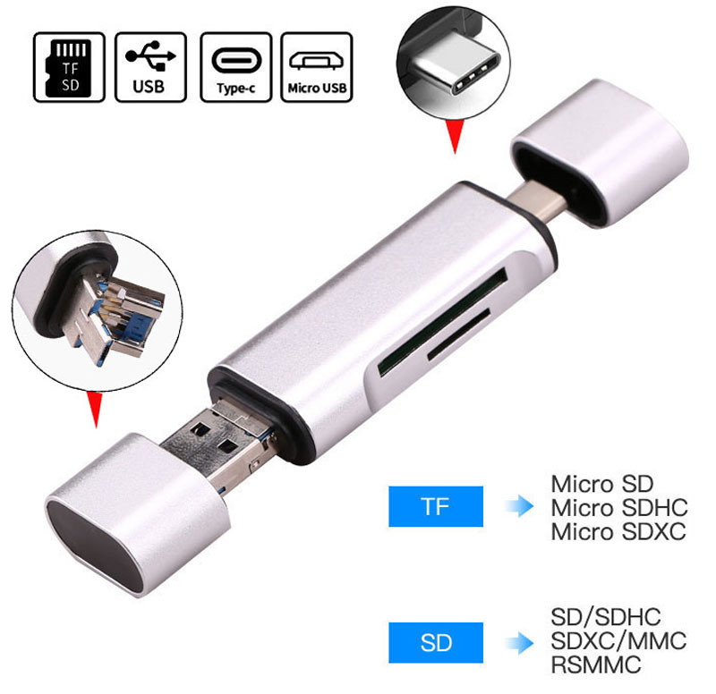 5 in 1 USB3.1 Type C / USB / Micro USB SD SDHC TF Memory Card Reader OTG Adapter