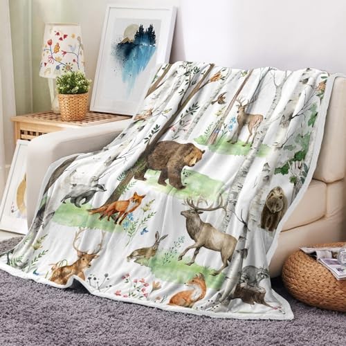 Rustic Forest Throw Blanket, Country Wild Animal Bear Deer 50" x 60" White