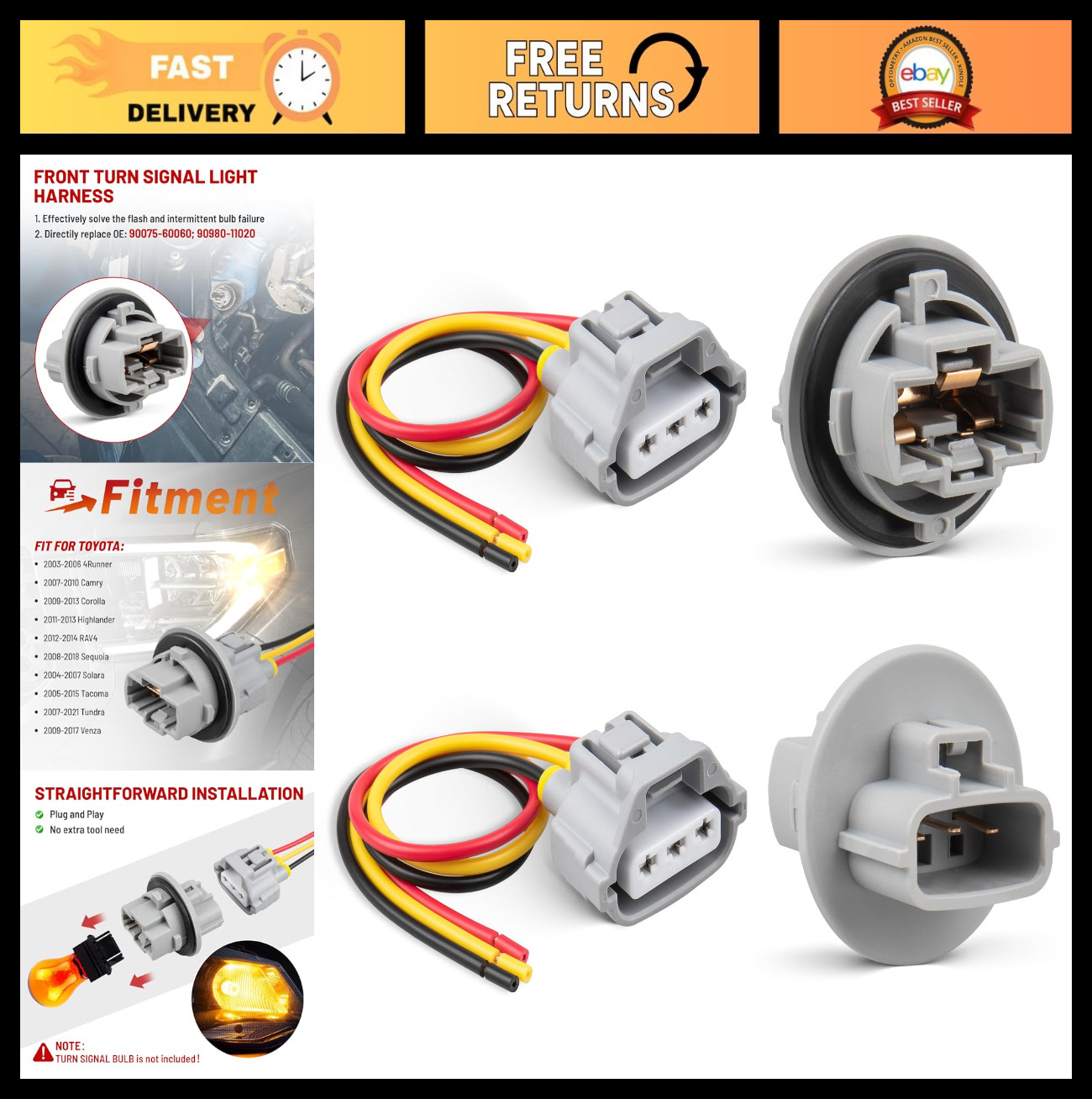 Front Turn Signal Light Socket 3 Pin Pigtail Connector for Toyota Tacoma RAV4 Ca