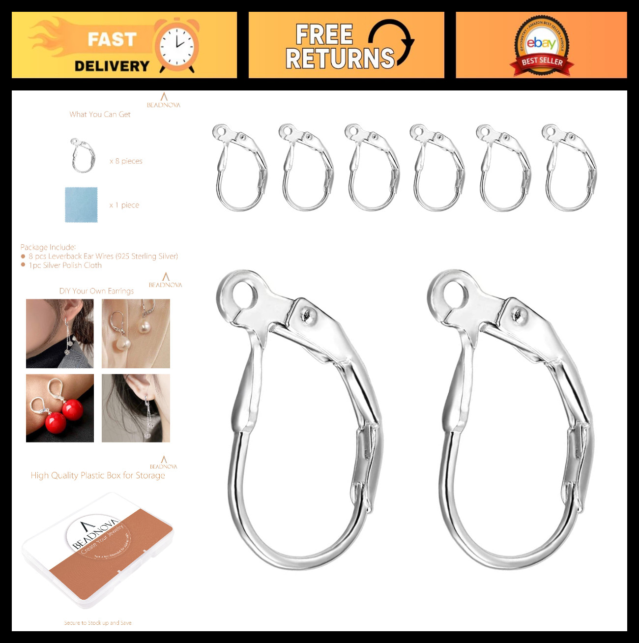 925 Sterling Silver Leverback Earring Hooks - 8pcs French Ear Wires for Jewelry