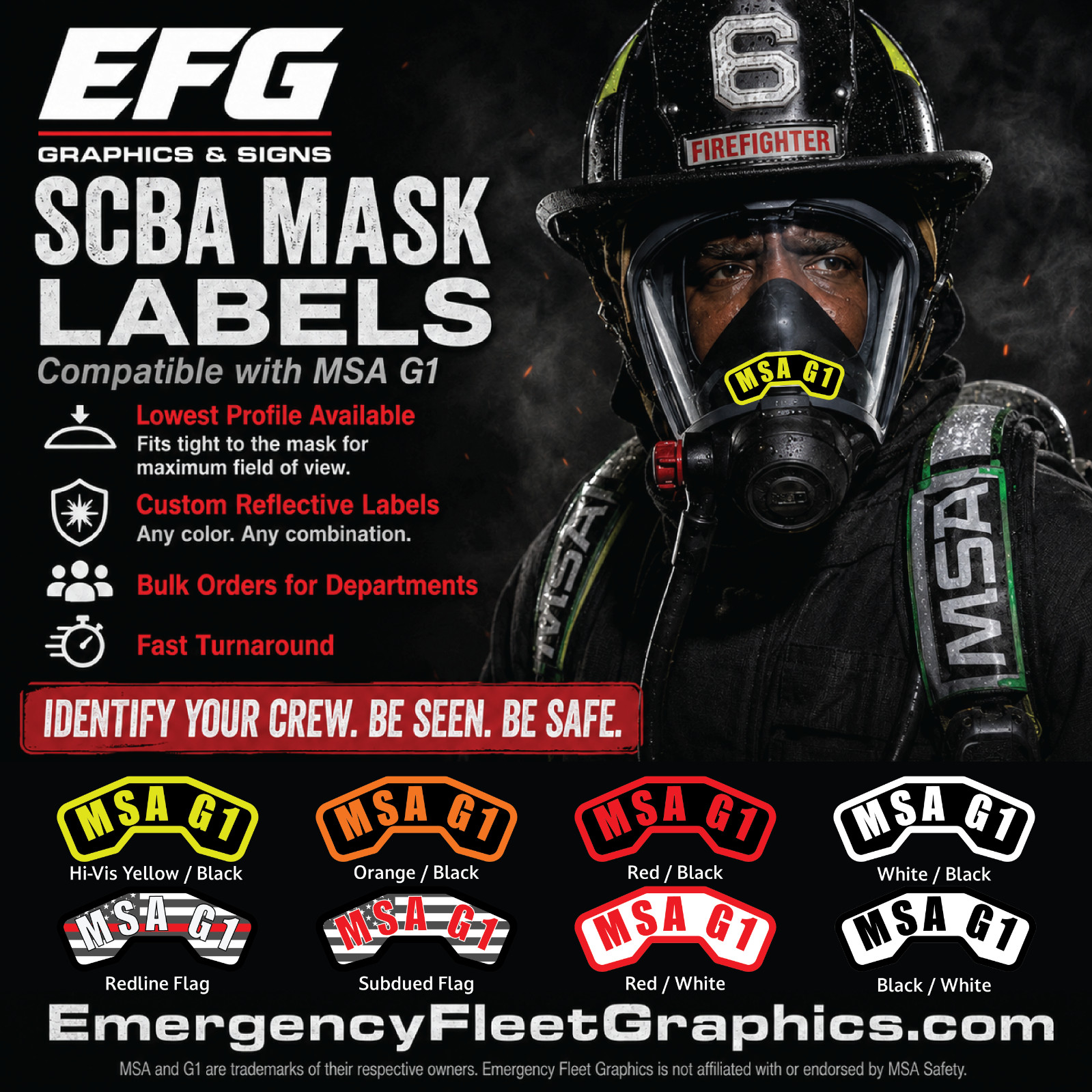 Custom MSA G1 SCBA Compatible Firefighter Reflective Mask Name Labels Sticker
