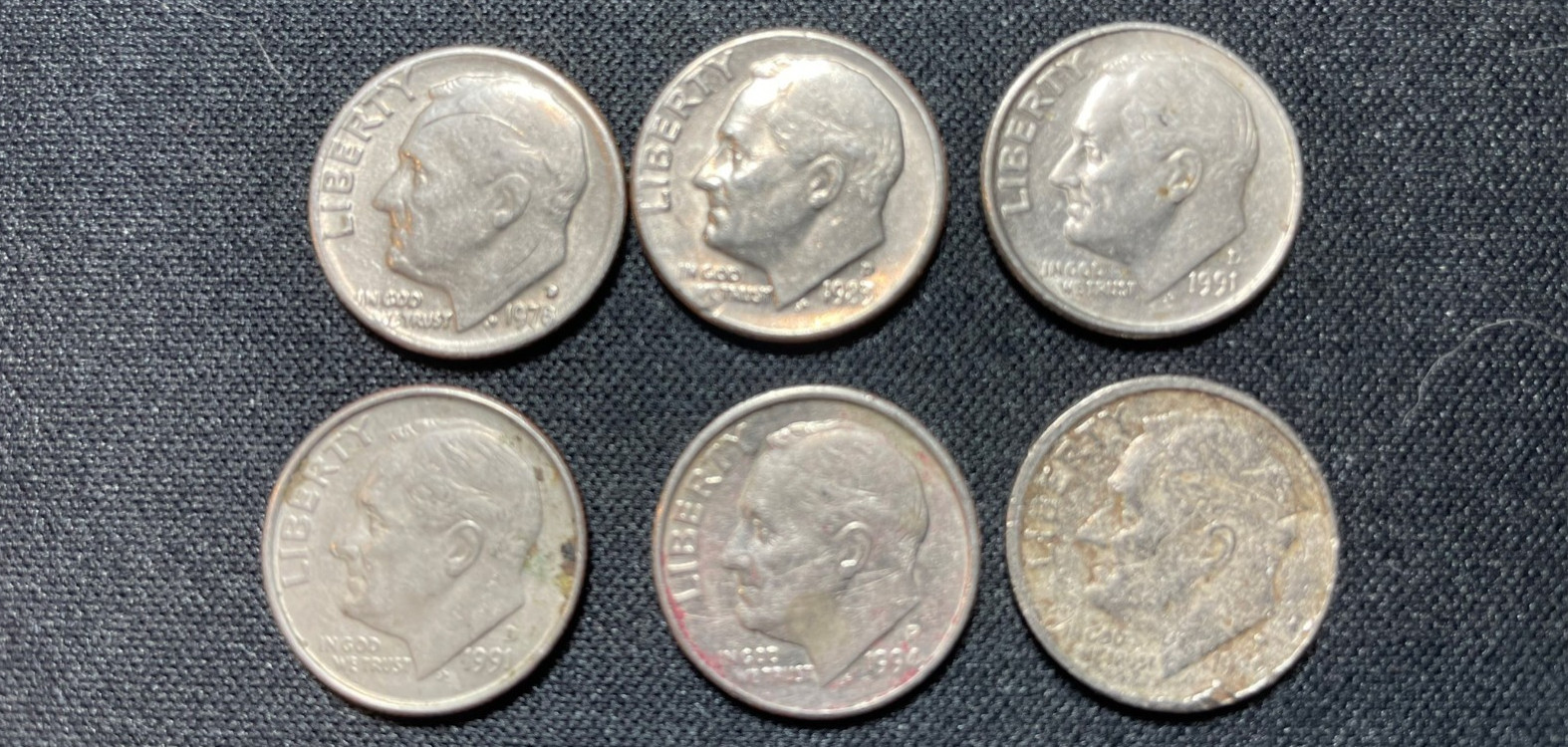 6X Roosevelt Dimes with various broadstrike, off-center, collar errors