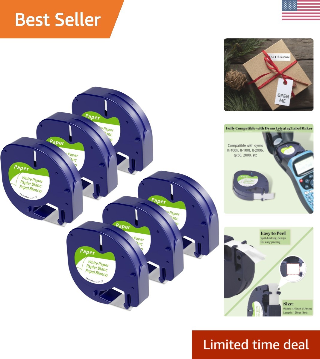 Compatible Dymo Letratag Labeling Tape 12mm x 4m - White Paper Labels, 6-Pack