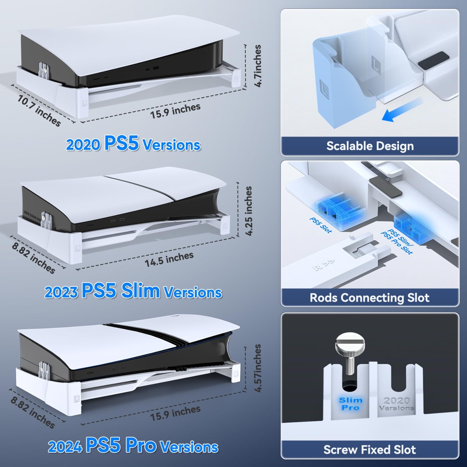 Horizontal Stand for PS5/Slim/Pro - Stable Base with Upgraded Support Rods & Sca