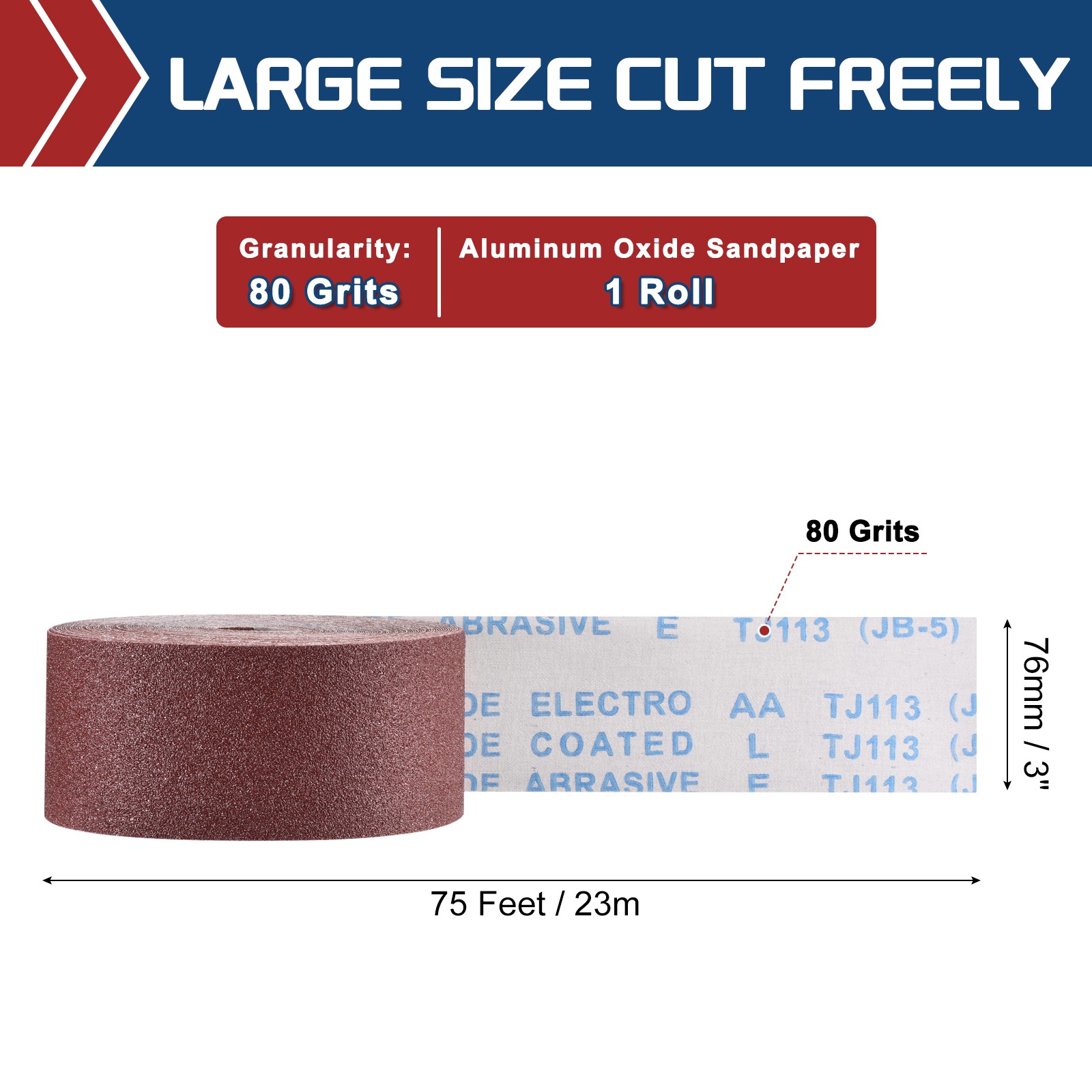 Sandpaper Roll - [3 Inch x 75 Feet 80 Grits] Aluminum Oxide for Metal Auto