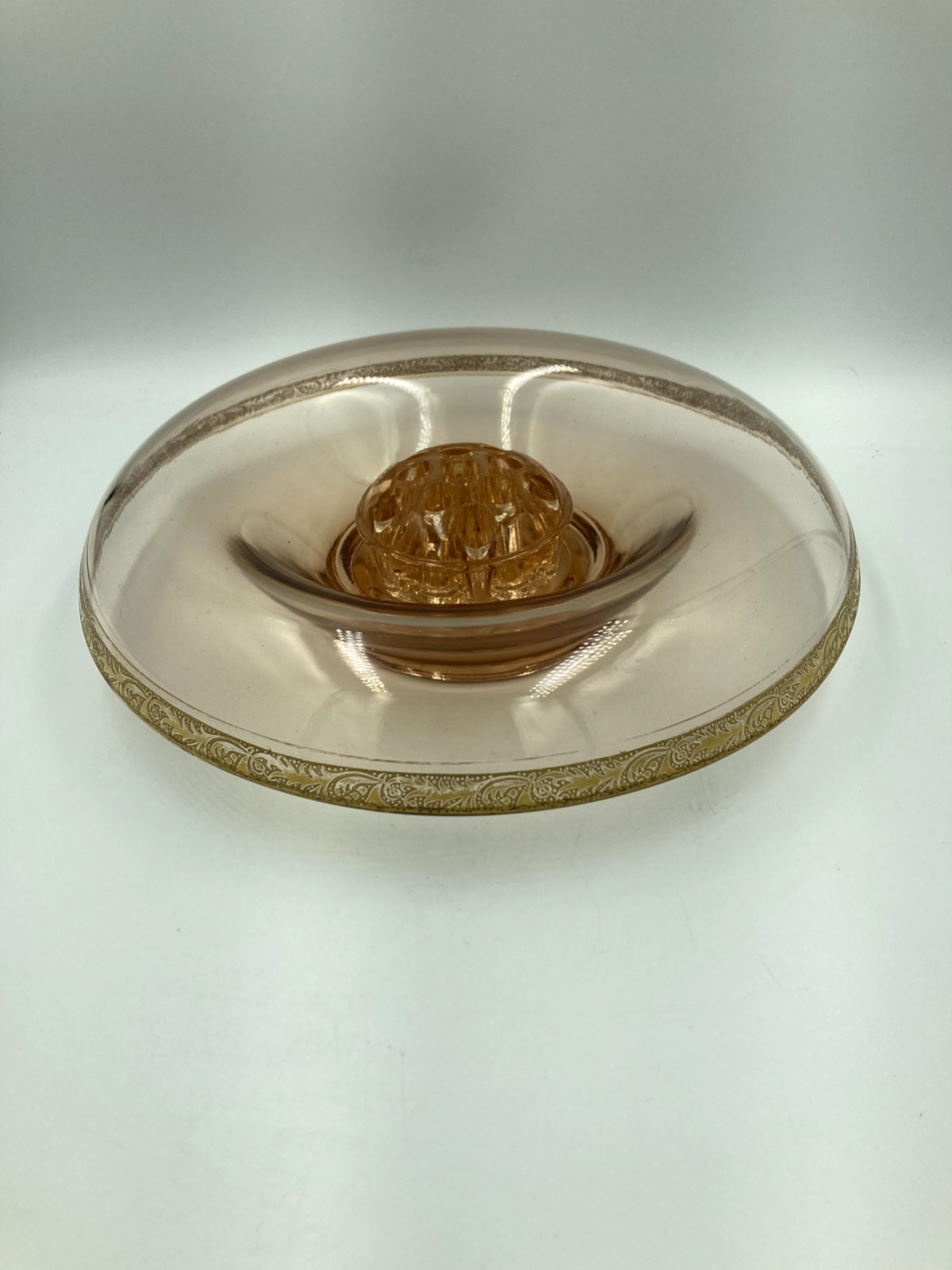 atq pink~depression~glass console bowl & frog - 11" elegant w/gold trim NICE