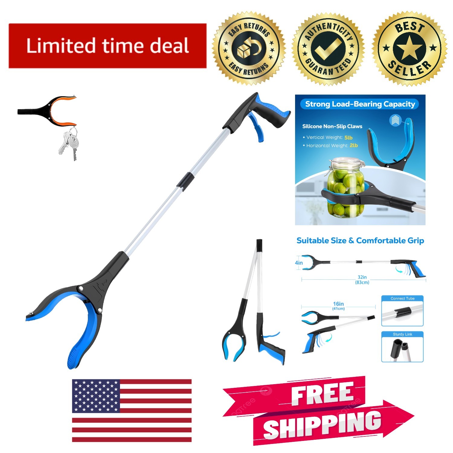 32” Extra Long Foldable Grabber Reacher Tool for Seniors - Lightweight & Durable