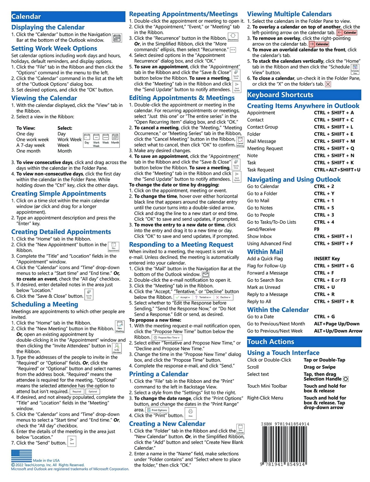 Outlook 2021 & 365 Training Guide Quick Reference Card Cheat Sheet Instructions