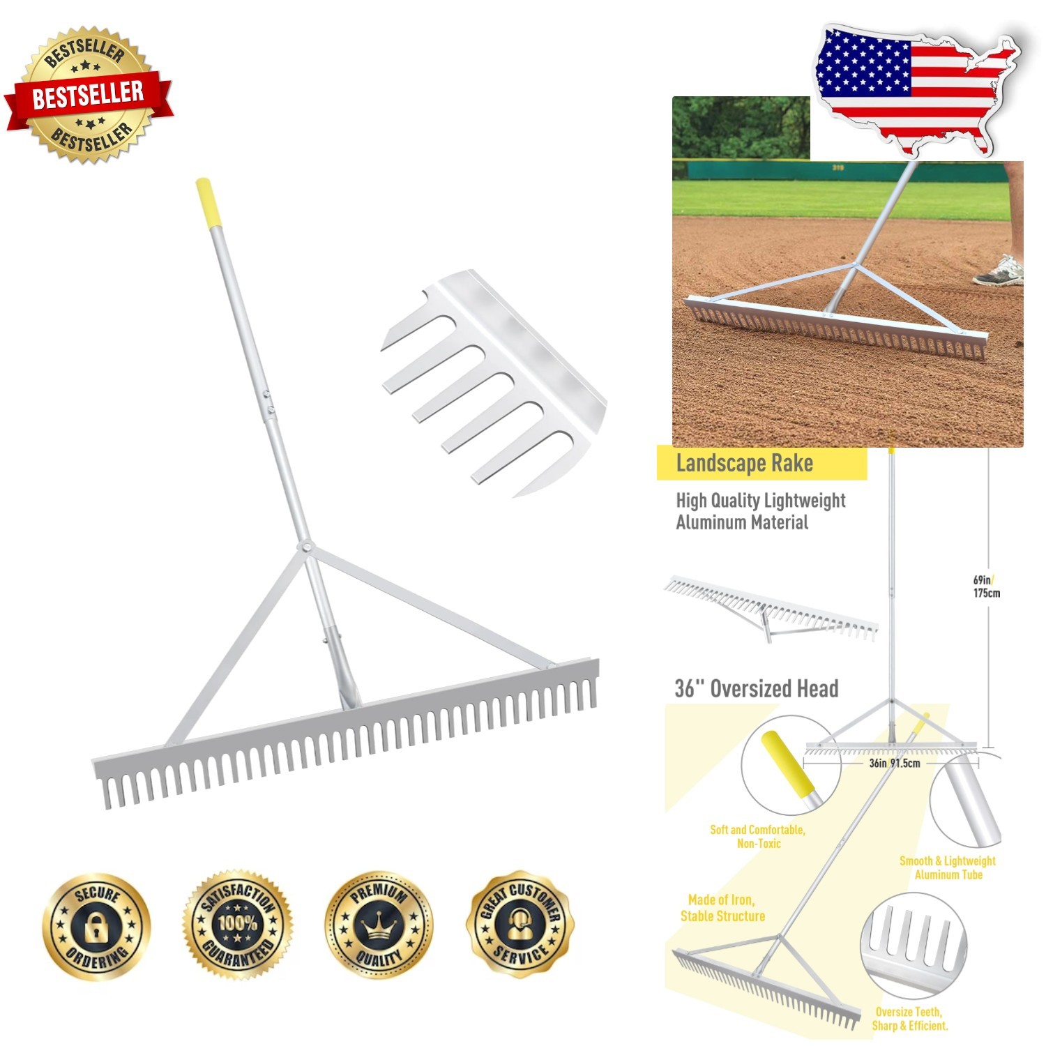 Versatile 36" Landscape Rake - Lightweight Aluminum, 69" Handle, Soil Grading