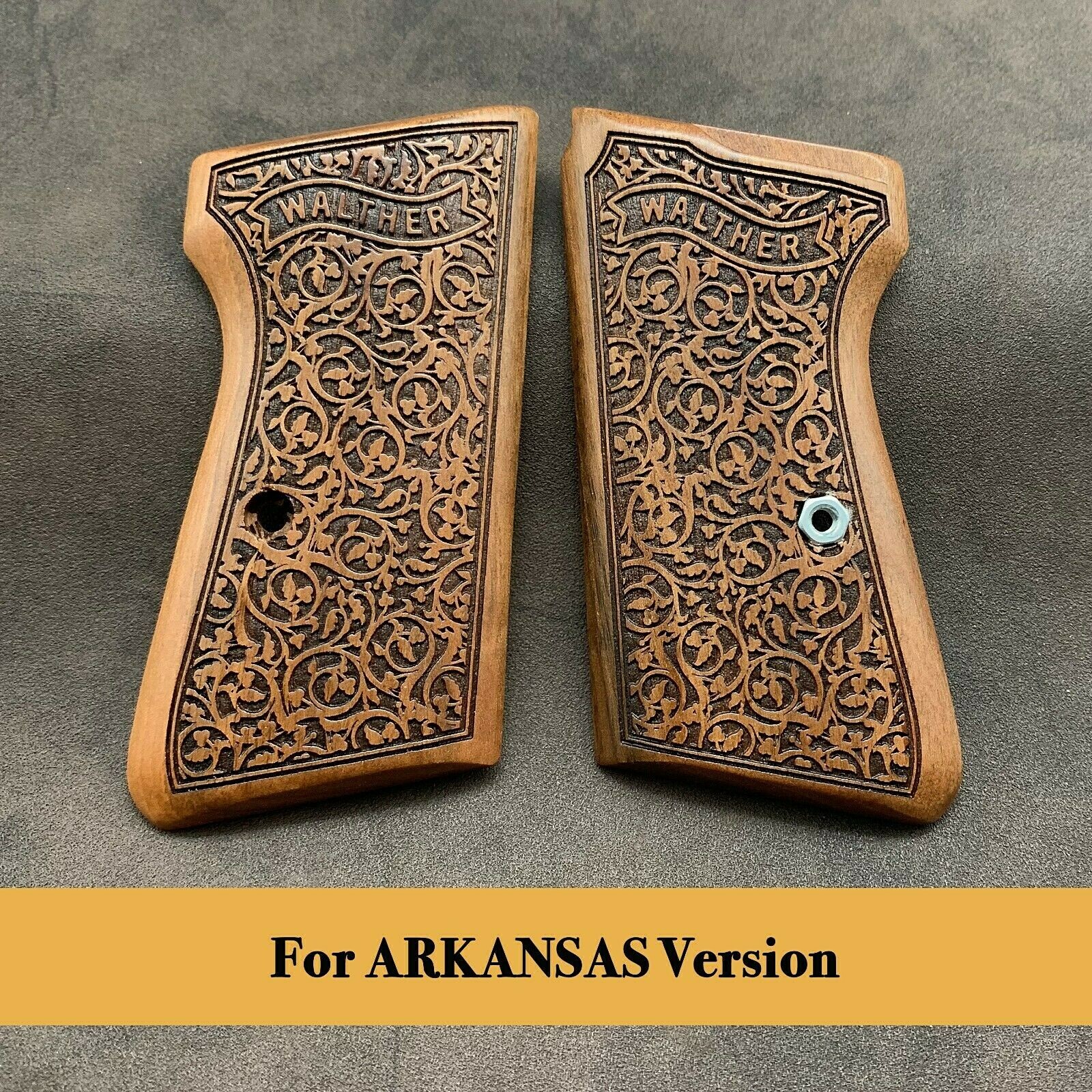 Walther PPK/S Walnut Wood Grips For ARKANSAS Version. Floral w Walther Banner A+