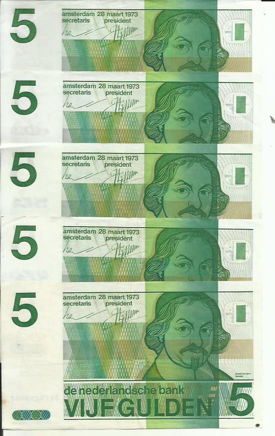 NETHERLANDS LOT 5x 5 GULDEN 1973  P 95. XF CONDITION. 4RW 16JUN