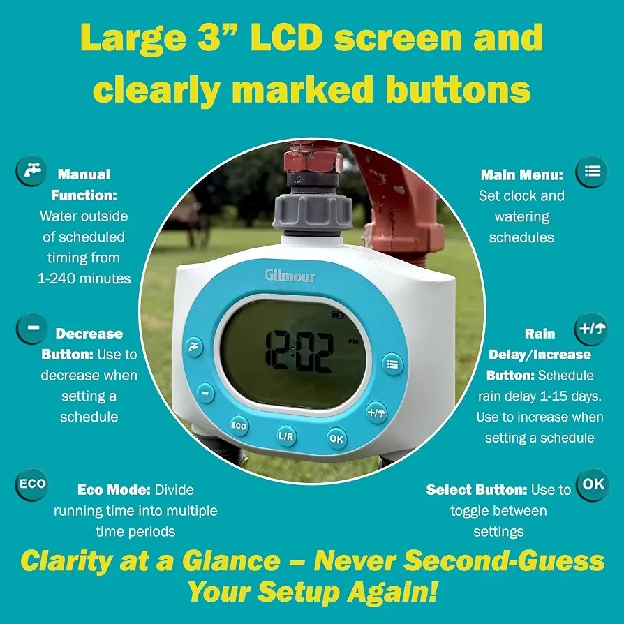 Gilmour Double Hose Outlet Programmable Electronic Water Timer 2 Zone Irrigation