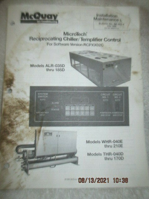 McQuay Chillers Templifier Control ALR-035D 185D WHR-040E 210E Service Manual