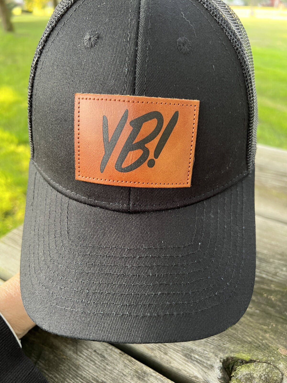 YB Leather Patch Yeah Buddy Black Trucker Hat Snapback EUC