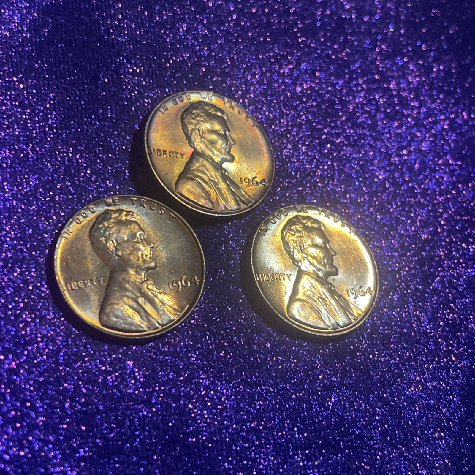 1964 Lincoln Cents, Bu, Naturally Rainbow Toned. Gems