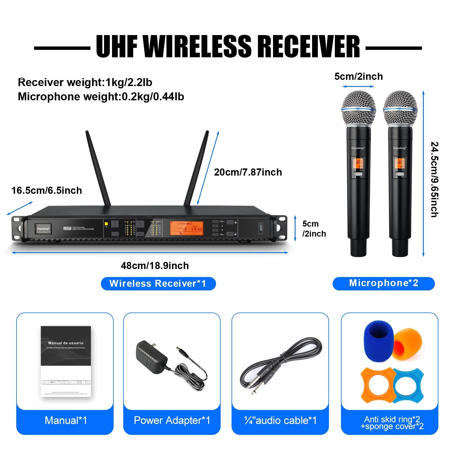 Depusheng Wireless Microphones System with 2 Channels Cordless Handheld Micro...