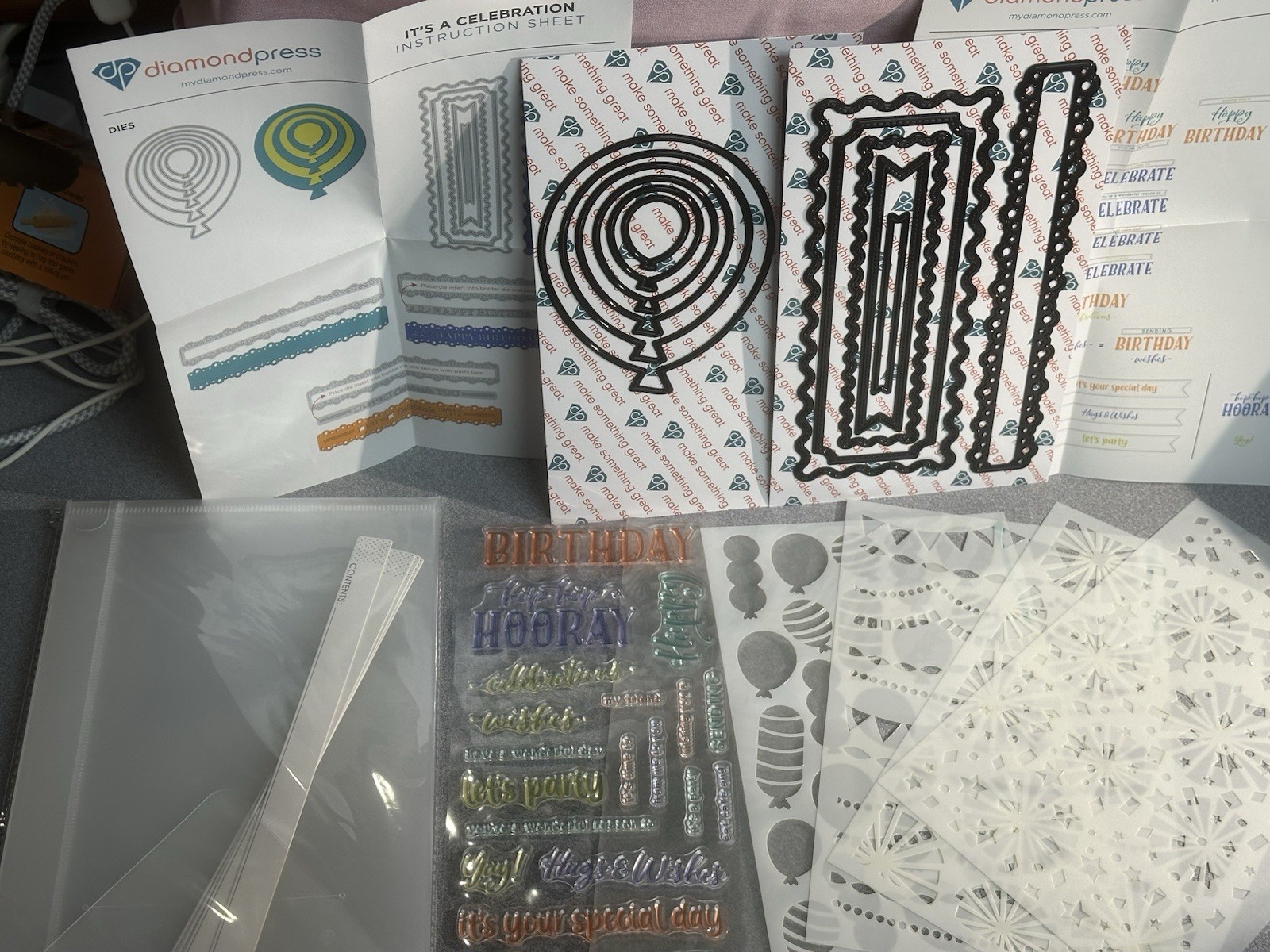 Diamond Press IT’S A CELEBRATION Stamp, Stencil, Folders & Die Press Kit New!