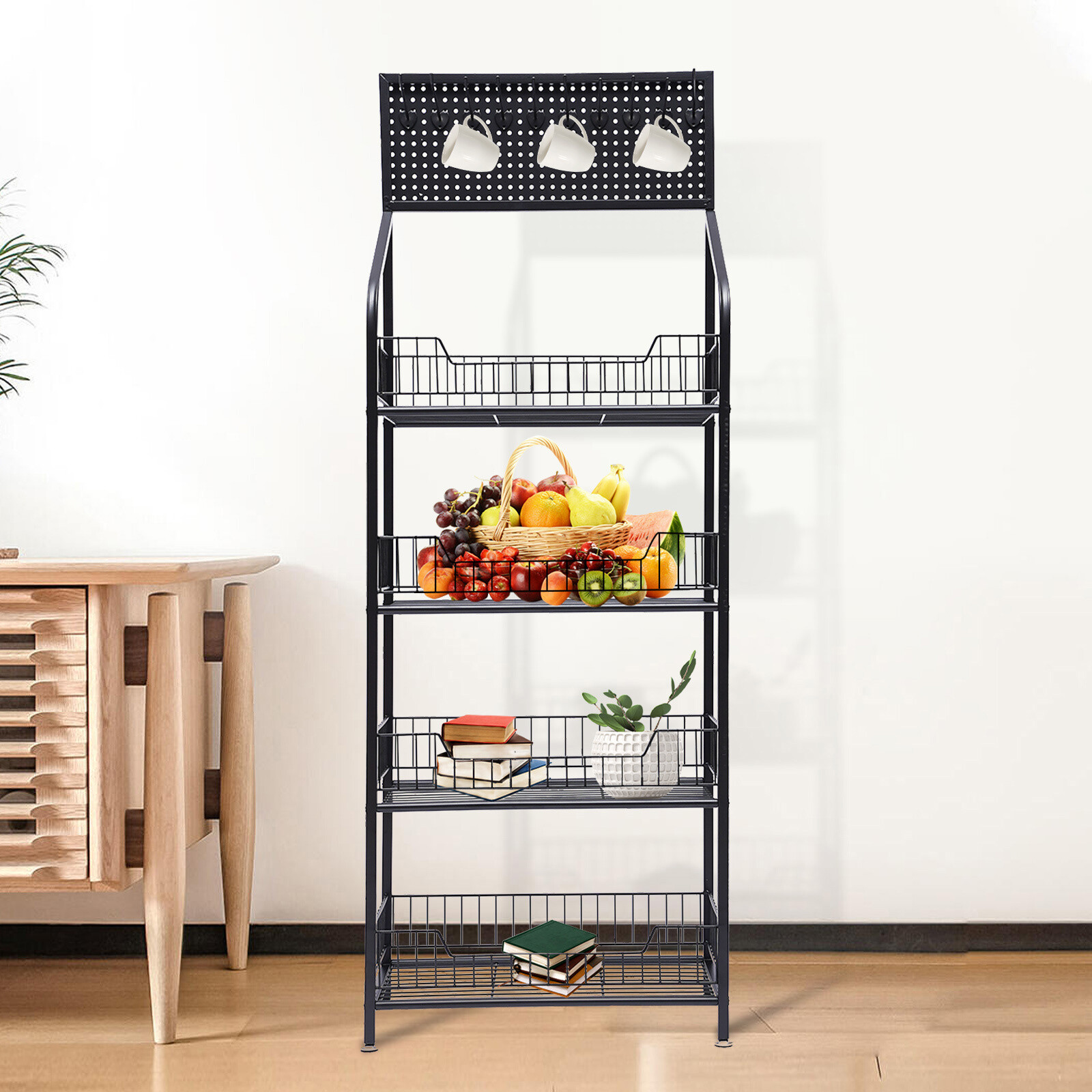 4-Tier Metal Baker's Rack With Locking Wheels, Wine Rack & 5 Hooks