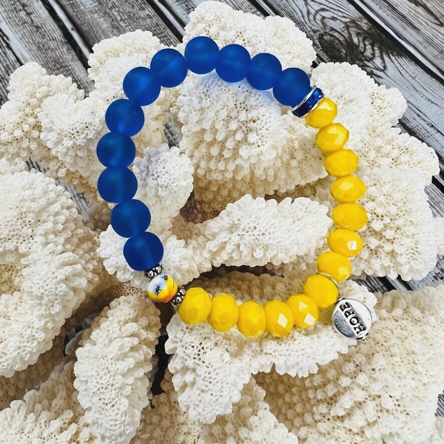 Support Ukraine Bracelet Frosted Blue Yellow Crystal Sunflower Hope Silver Tone