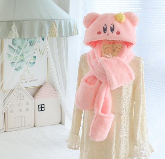 Kirby Plush Hat Cartoon Keep Warm Hat Ears Kids Girl Winter Cap Gloves scarves
