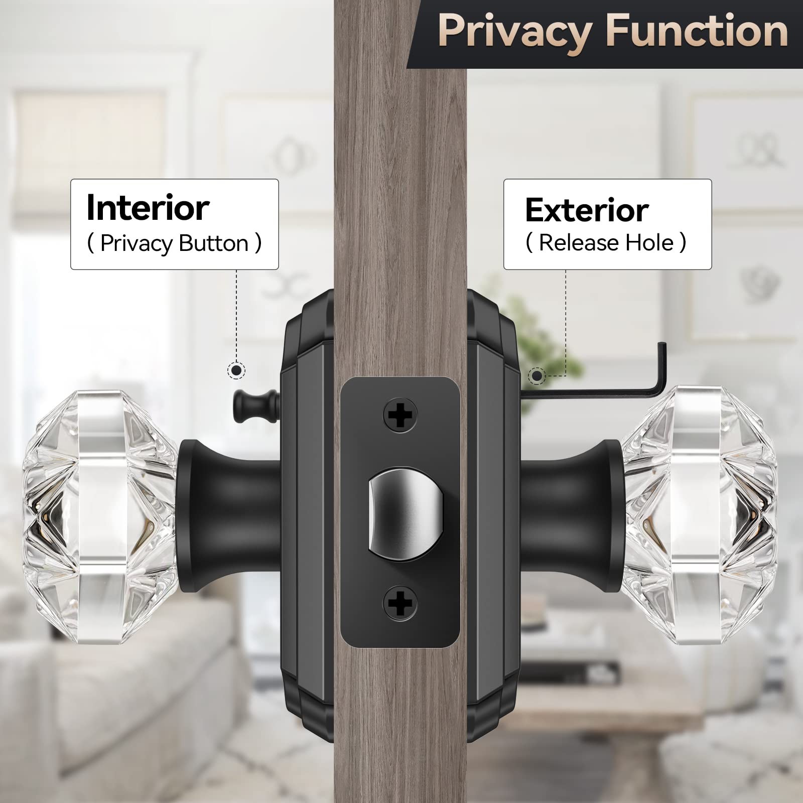 Calzibeno Crystal Door Knobs, Black Glass Knob Diamond-Privacy,