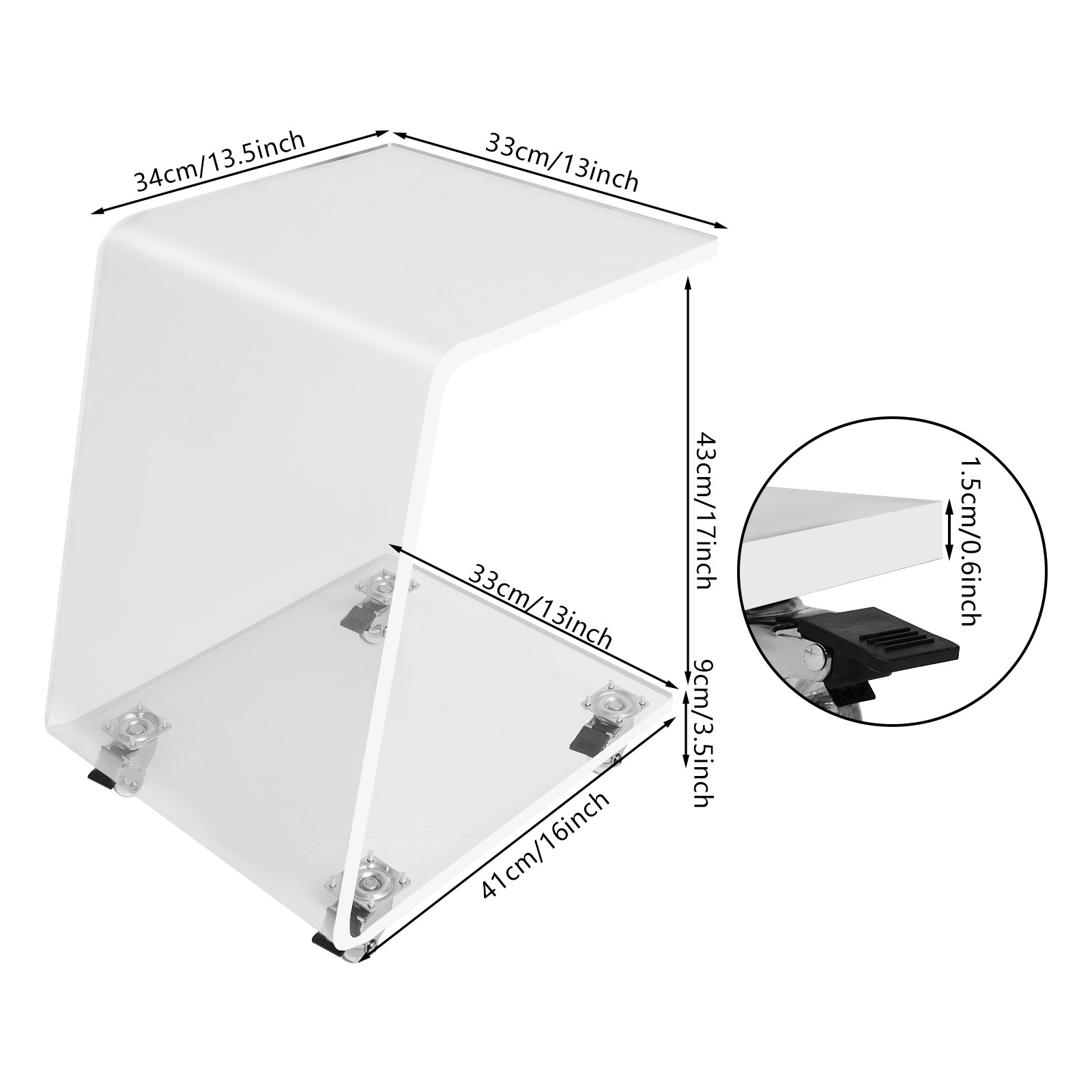 Acrylic Side Table Mobile C-Shaped End Table Clear Snack Rolling Cart 20kg max.