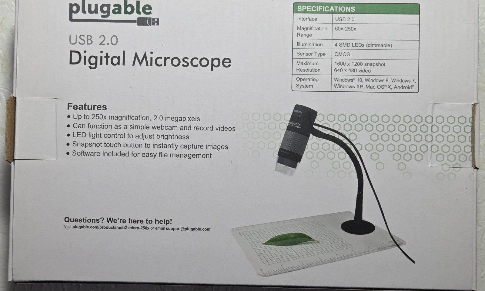 Plugable USB Corded Digital Magnifier Microscope Camera/(60X-250X)Stand/platform
