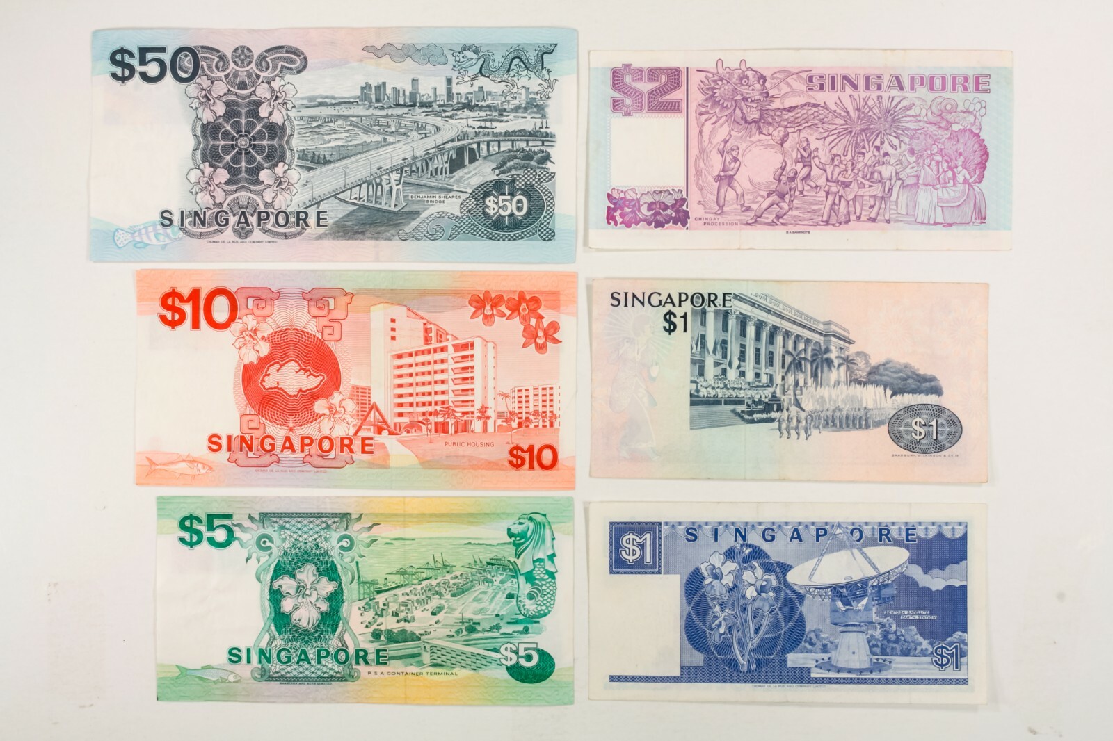 1976 - 1994 Singapore Notes. 6 Note Lot. XF - AU