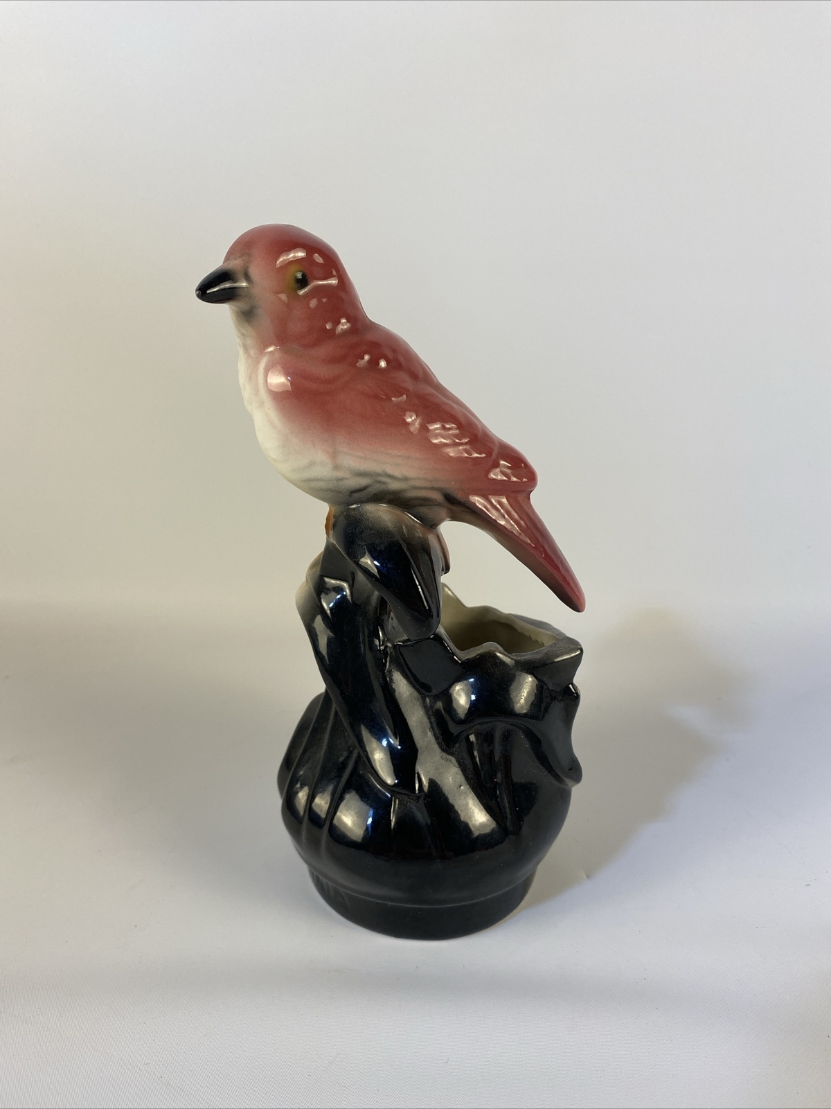 Vintage 7" tall Pink bird on a perch, made in California, Black  planter GUC