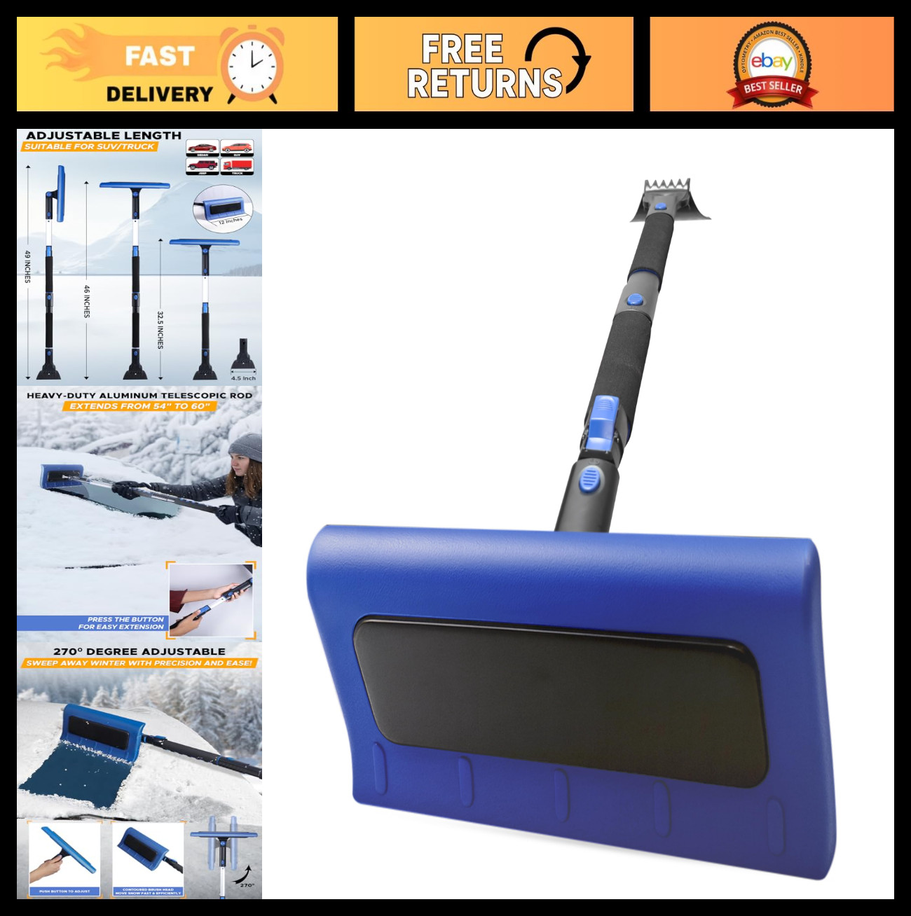 49" Snow Broom & Ice Scraper for Cars, Trucks & SUVs | Scratch-Free Snow Brush &