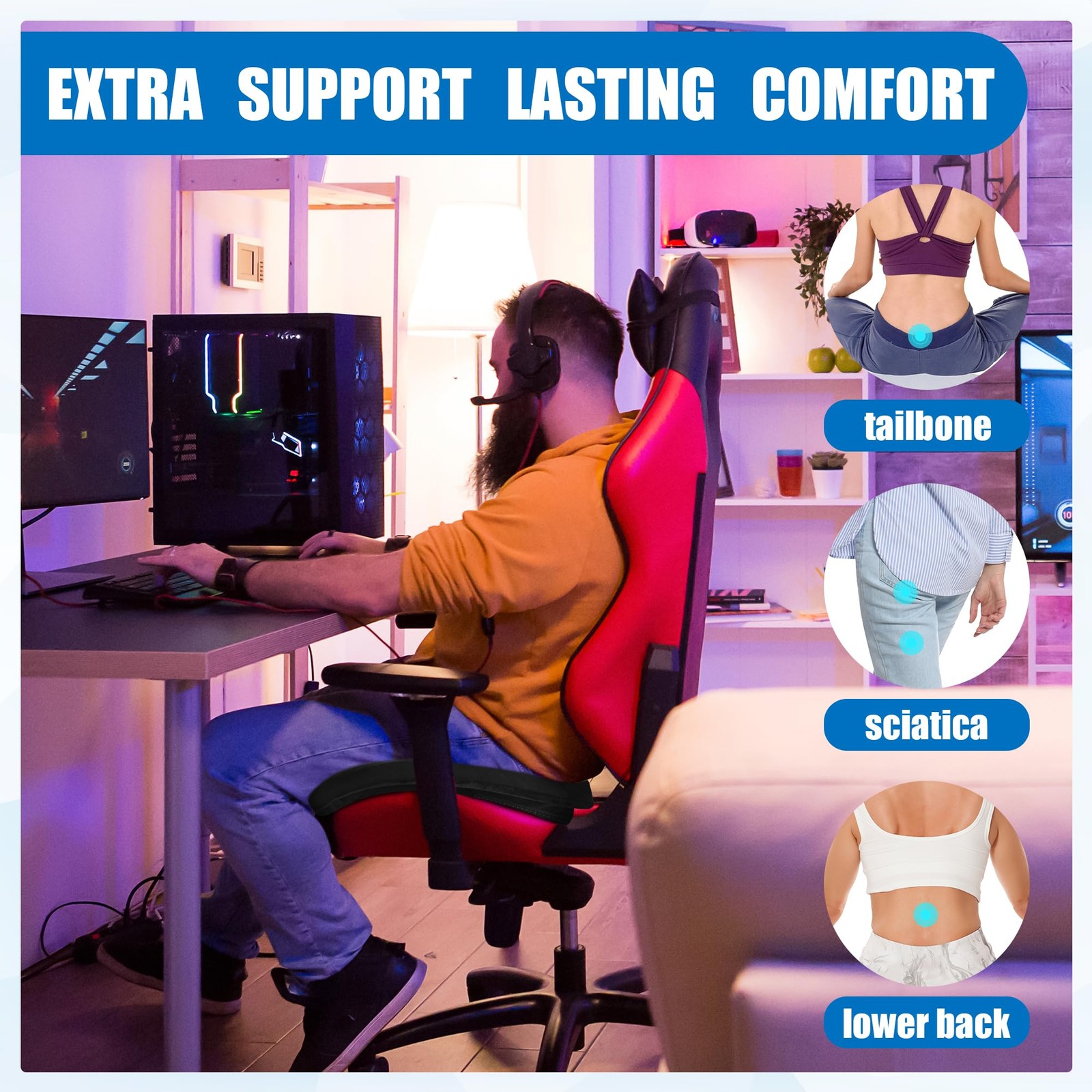 Ultra Soft Gaming Chair Cushion for Long Sitting Gamers,Tailbone Pain Reduce ...