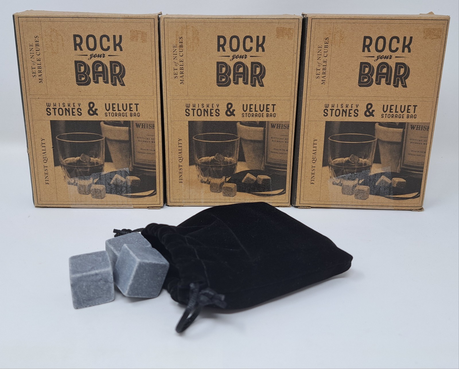 Set Of 3 Rock Your Bar Whiskey Bourbon Stones New In Box BIN32